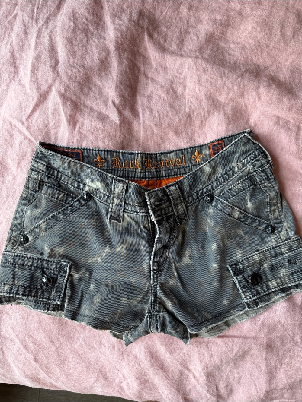 Rock Revival Washed Gray Distressed Low-Rise Jean Shorts